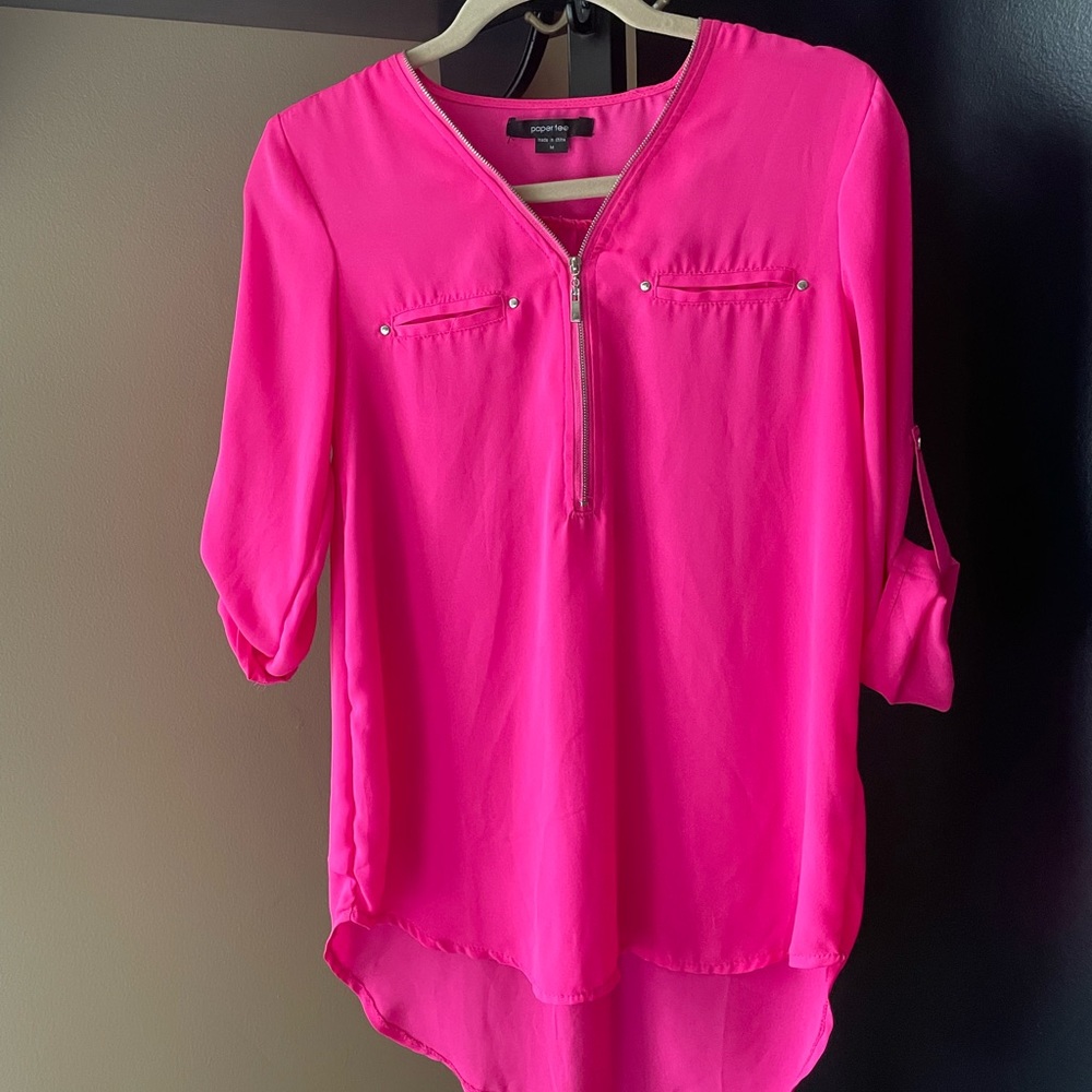Hot pink chiffon textured quarter sleeve shirt